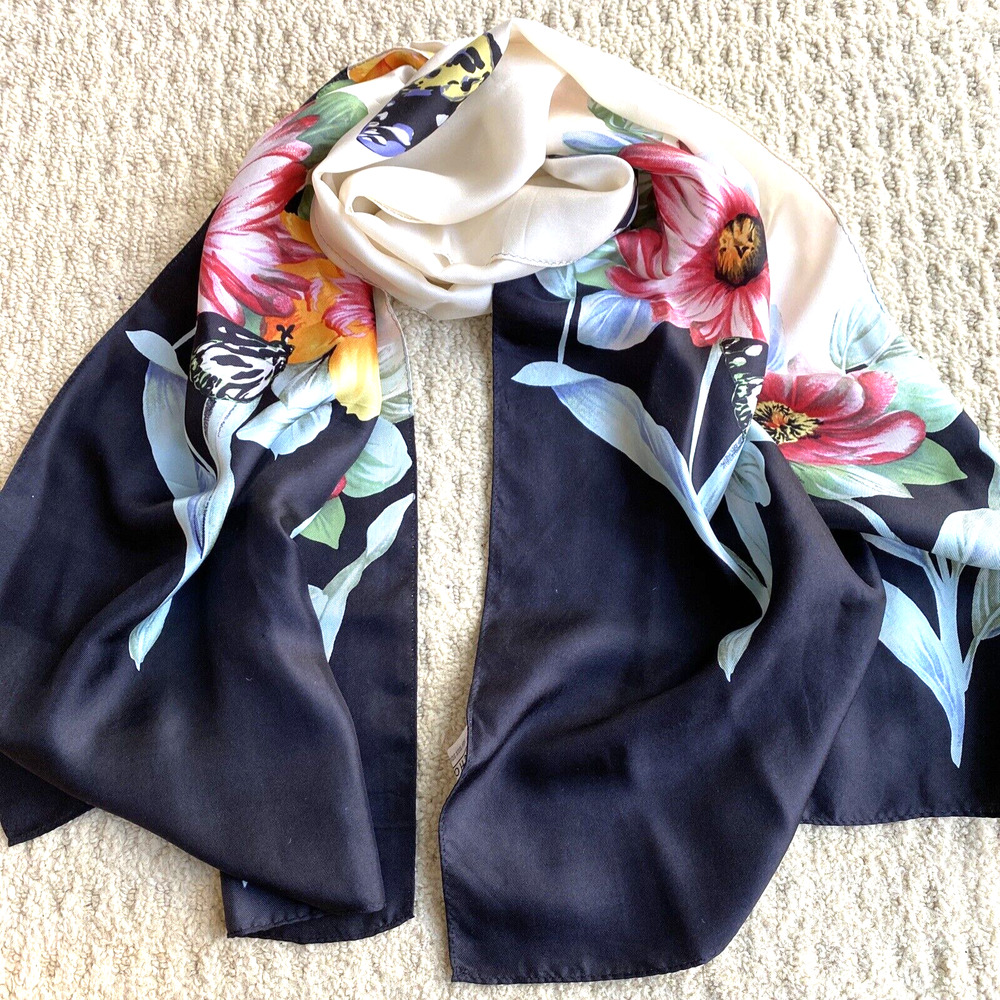 Vintage 1980s ECHO pure silk scarf creamy white colorful floral long rectangle - Picture 4 of 7
